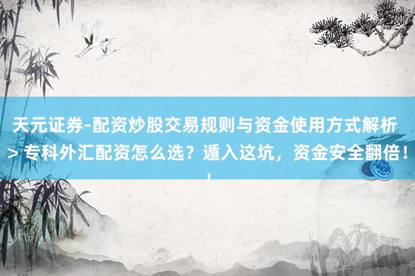 天元证券-配资炒股交易规则与资金使用方式解析 > 专科外汇配资怎么选？遁入这坑，资金安全翻倍！